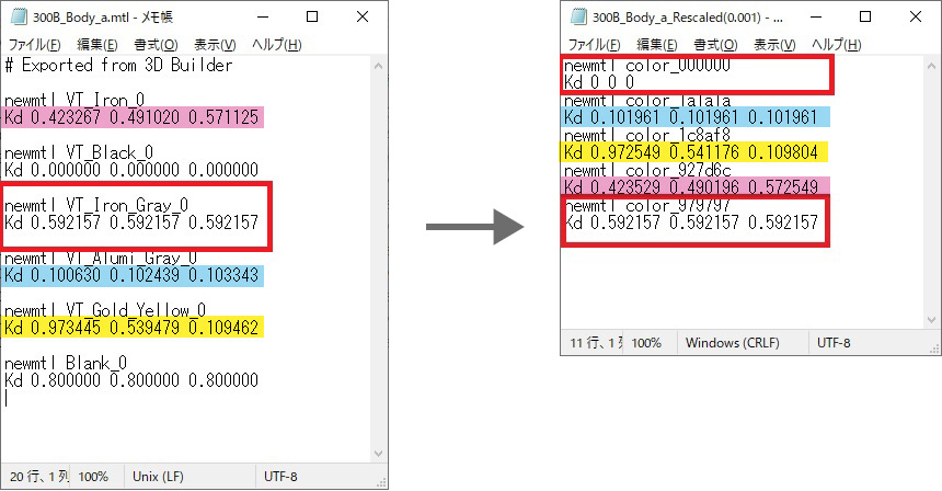 MTLファイル書き換え後、Materialise Magicsで保存後、MTLファイルの内容