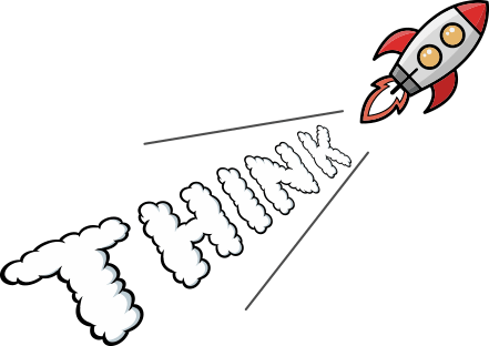 「THINK」という文字になった煙を吐きながら飛翔するロケット