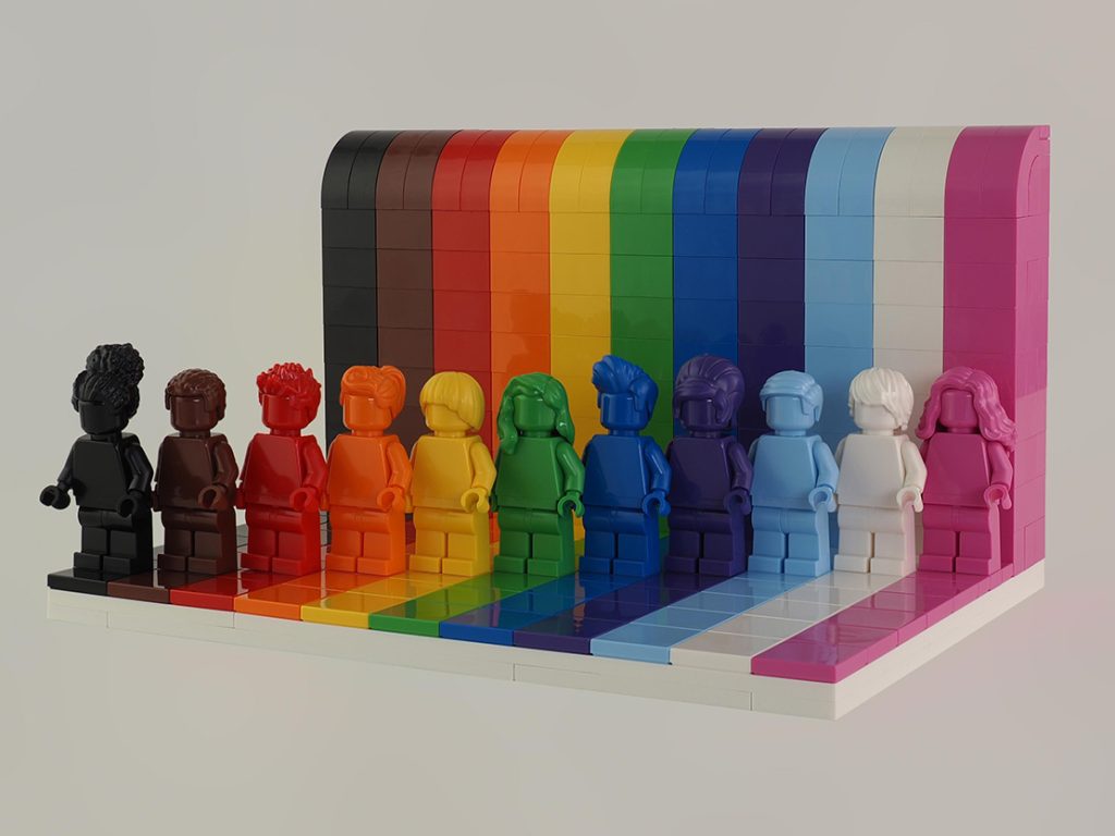 LGBTQ+を連想させるさまざまなカラーのレゴのミニフィグが並んだ写真